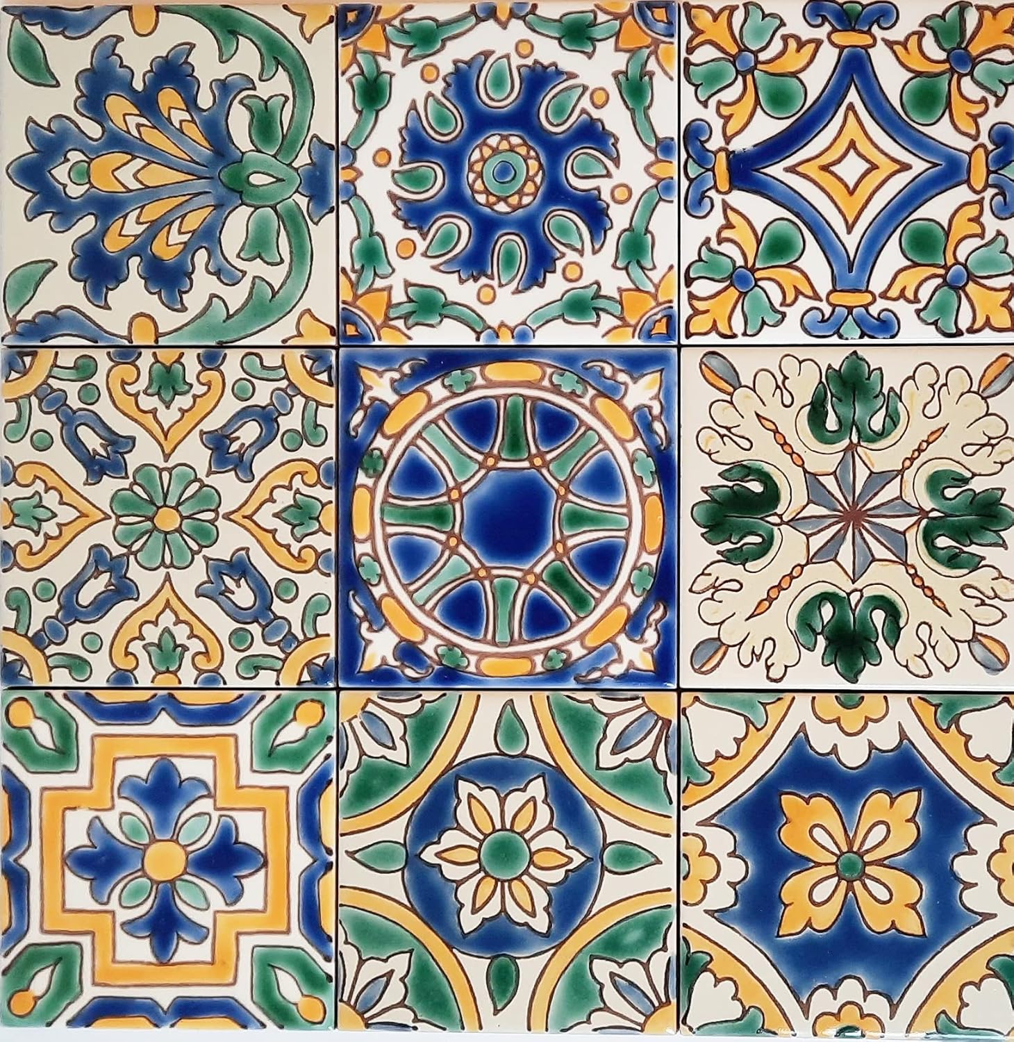 Set of 9 Decorative Ceramic Tiles Hand Painted Indoor & Outdoor Floor by Lungarno